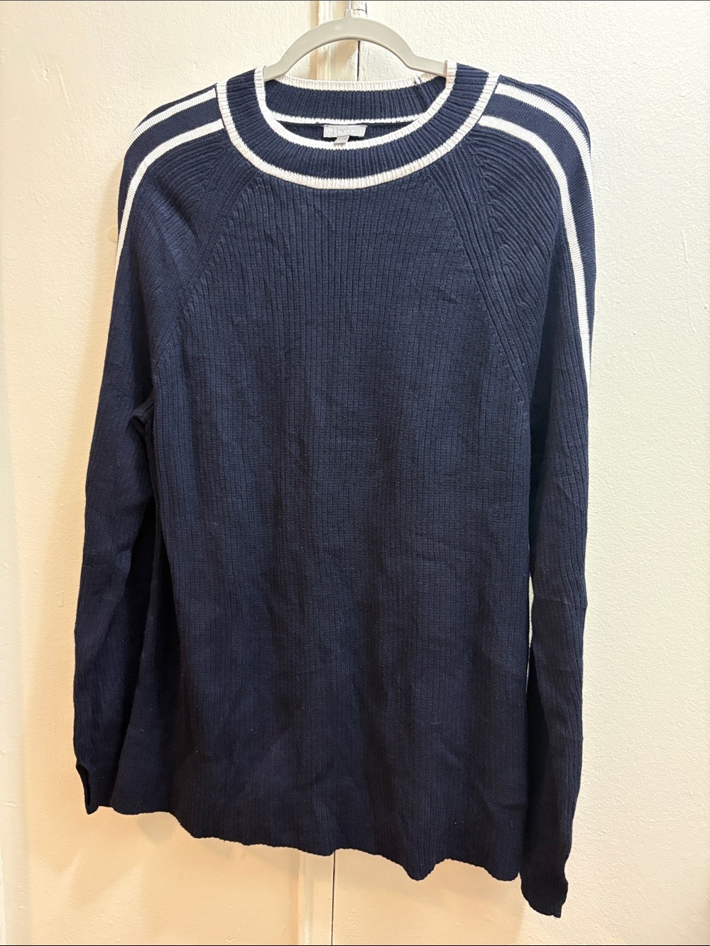 T by Talbots Navy Crew Sweater with White Stripe Accents Size Large